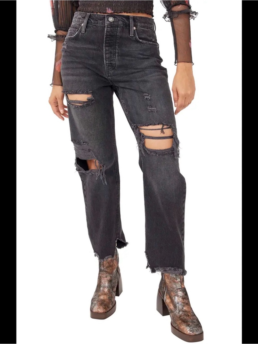 We The Free People Distressed Straight Leg Jeans Washed Black Size 26x25 High